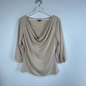 AB Studio Womens Beige Cowl Neck 3/4 Sleeve Top Blouse Size Large Stretch Casual